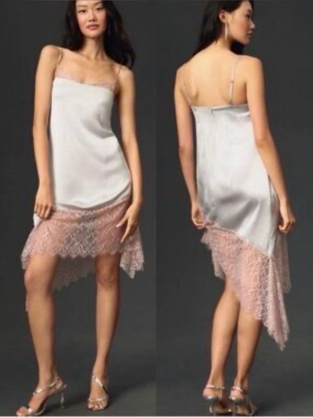 Anthropologie Silver Lace-Trimmed
Asymmetrical Midi Slip Dress-NWT-Size 2